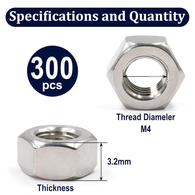 ZQZ 300pcs M4-0.7mm Hex Nuts Stainless Steel Hardware Hexagon Nut Standard Metric Coarse Thread A2-70 - Image 2